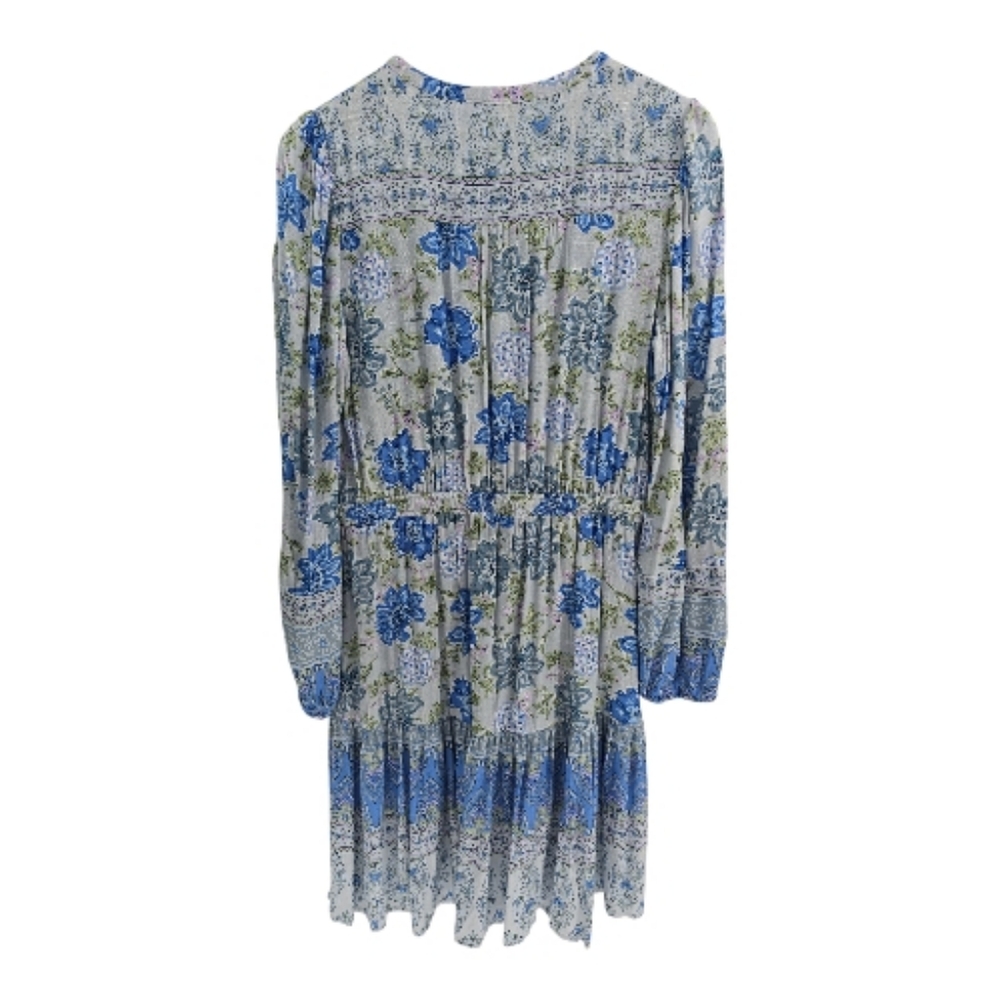 Lucky Brand Blue Floral Tiered Boho Dress Size Large Long Sleeves V Neck - Picture 3 of 9